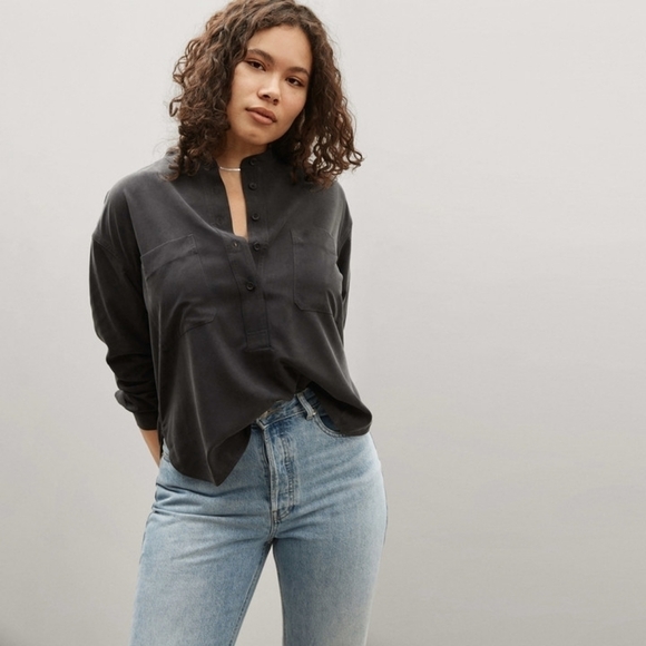 Everlane Silk Top Women Henley Blouse Button Up Pocket Black Long NEW 1230